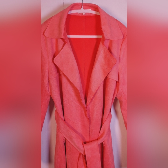Solitaire Faux Suede Belted Trench Coat Size Large Waterfall Lapel Jacket Duster - Picture 6 of 16